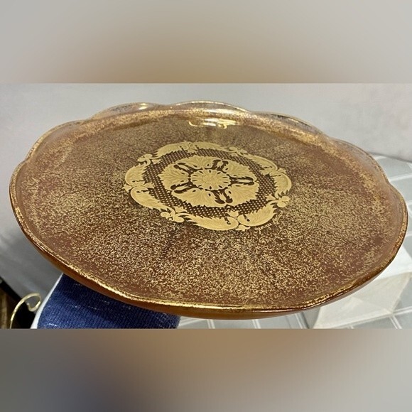 MCM Georges Briard Bronze Brown Gold Scallop Edge Footed Cake Stand Round Plate - Picture 5 of 11